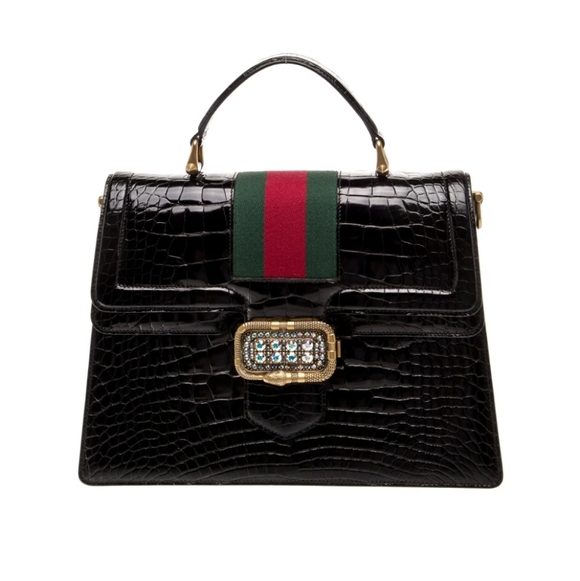 Gucci Web Top Handle Bag Medium Black Crocodile - Picture 2 of 6